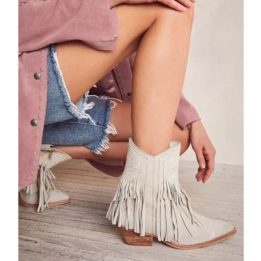 Free People Lawless Fringe Western Boots Size 39 Bone - Picture 1 of 6